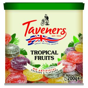Taveners Tropical Fruit Drops Tins 12x200g